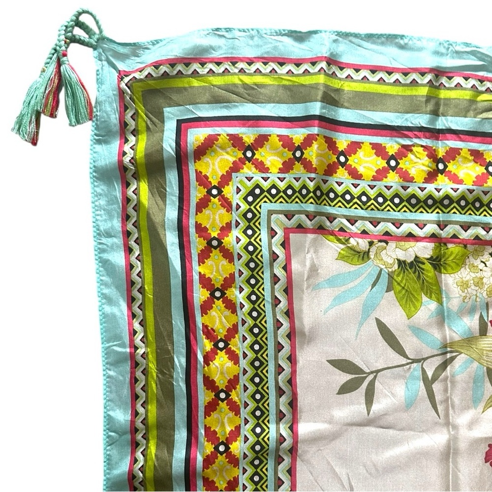Johnny Was Aqua Multicolor Patterned Silk Scarf with Tassels - Picture 7 of 11